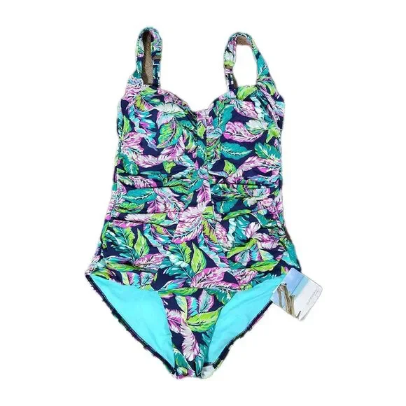 Sunseeker One Piece Swimsuit Size 14 D Cup Tummy Control Tropical Leaf Ruched - Picture 4 of 14